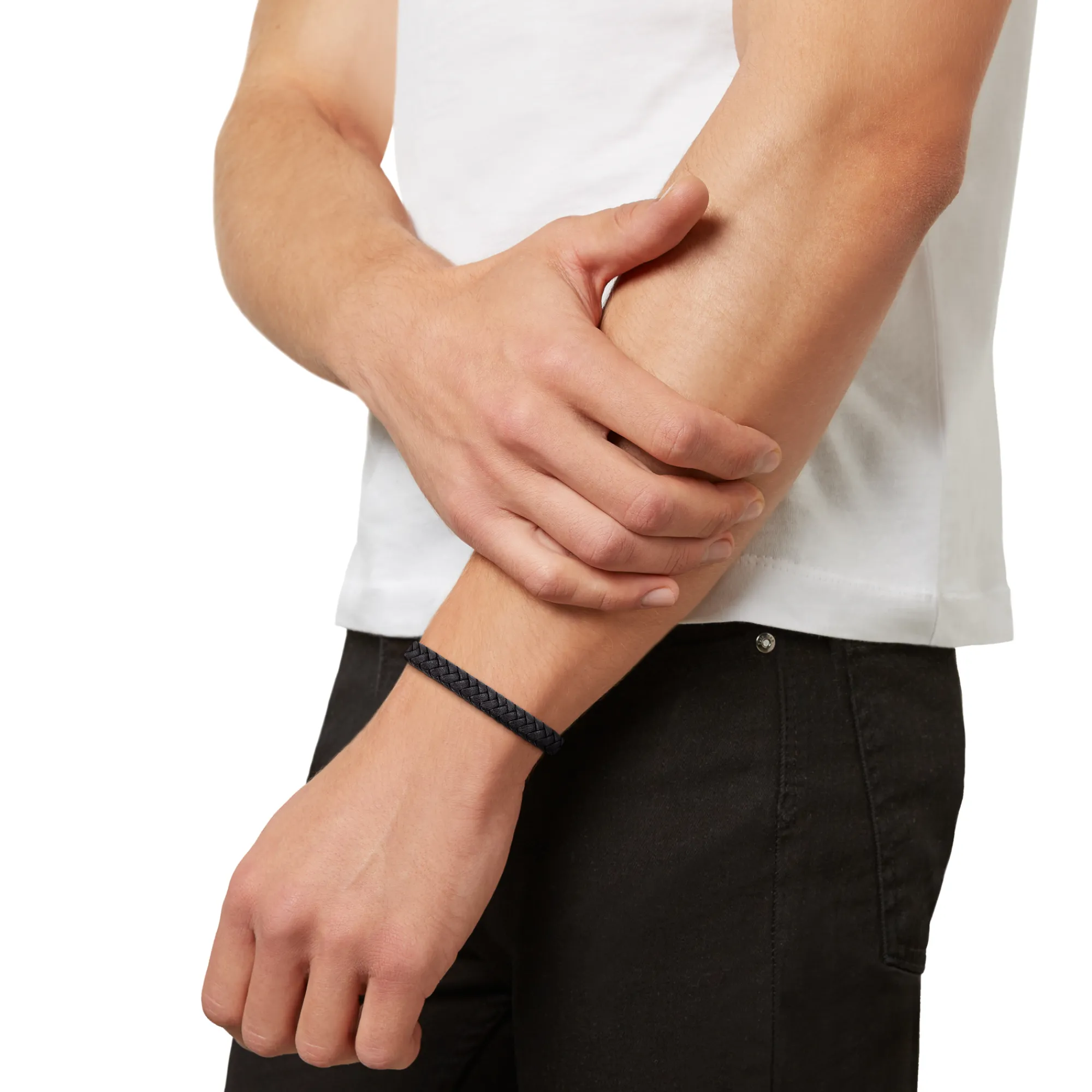 Uomo Breil Bracciali-B MIX-BRACCIALE IN PELLE INTRECCIATA NERA E ACCIAIO