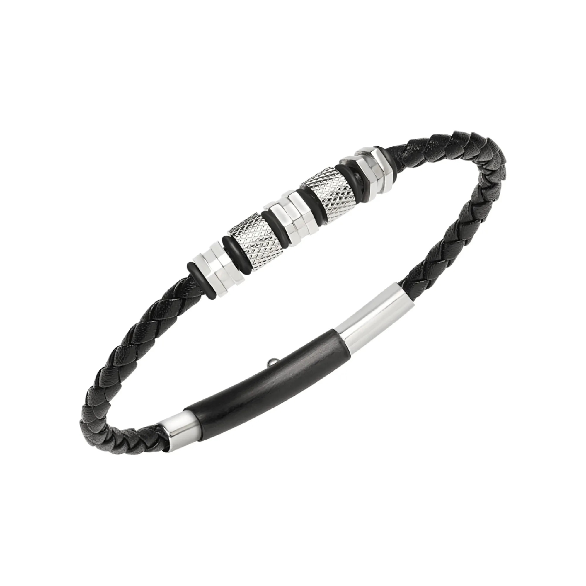Uomo Breil Bracciali-WANDERLUST-BRACCIALE IN ACCIAIO E PELLE NERA INTRECCIATA