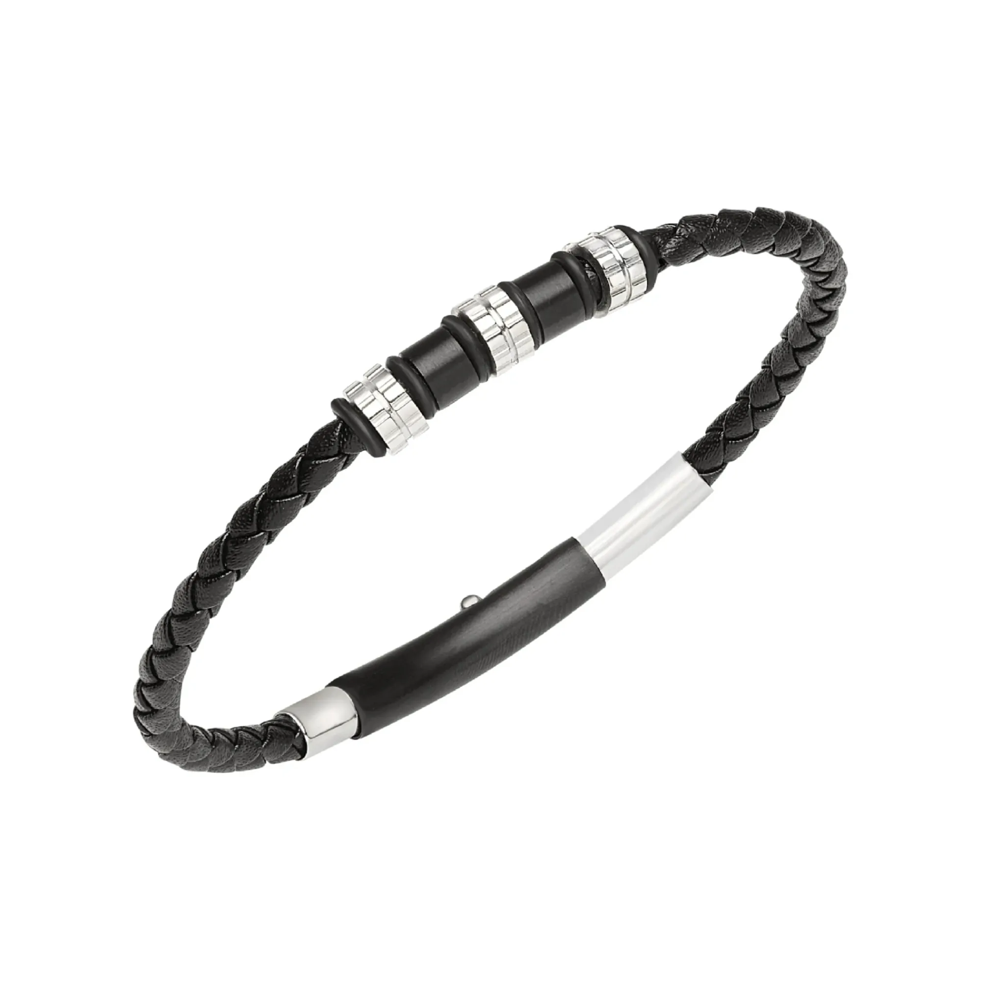 Uomo Breil Bracciali-WANDERLUST-BRACCIALE IN ACCIAIO E PELLE NERA INTRECCIATA