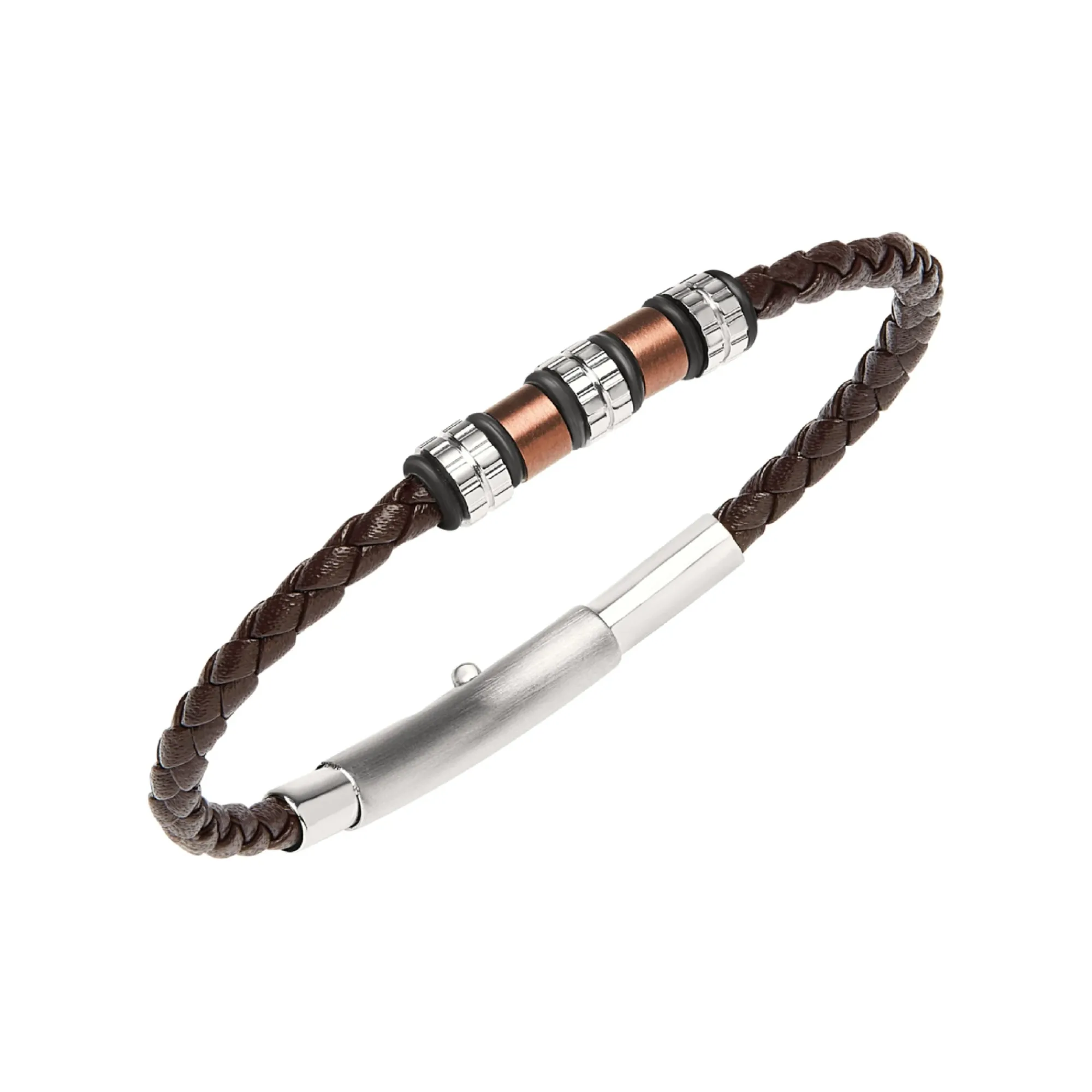 Uomo Breil Bracciali-WANDERLUST-BRACCIALE IN ACCIAIO E PELLE MARRONE INTRECCIATA